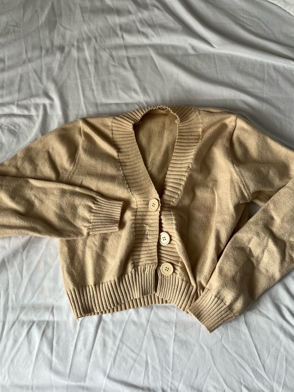Beige Button-Front Women's Mini Cardigan Sweater